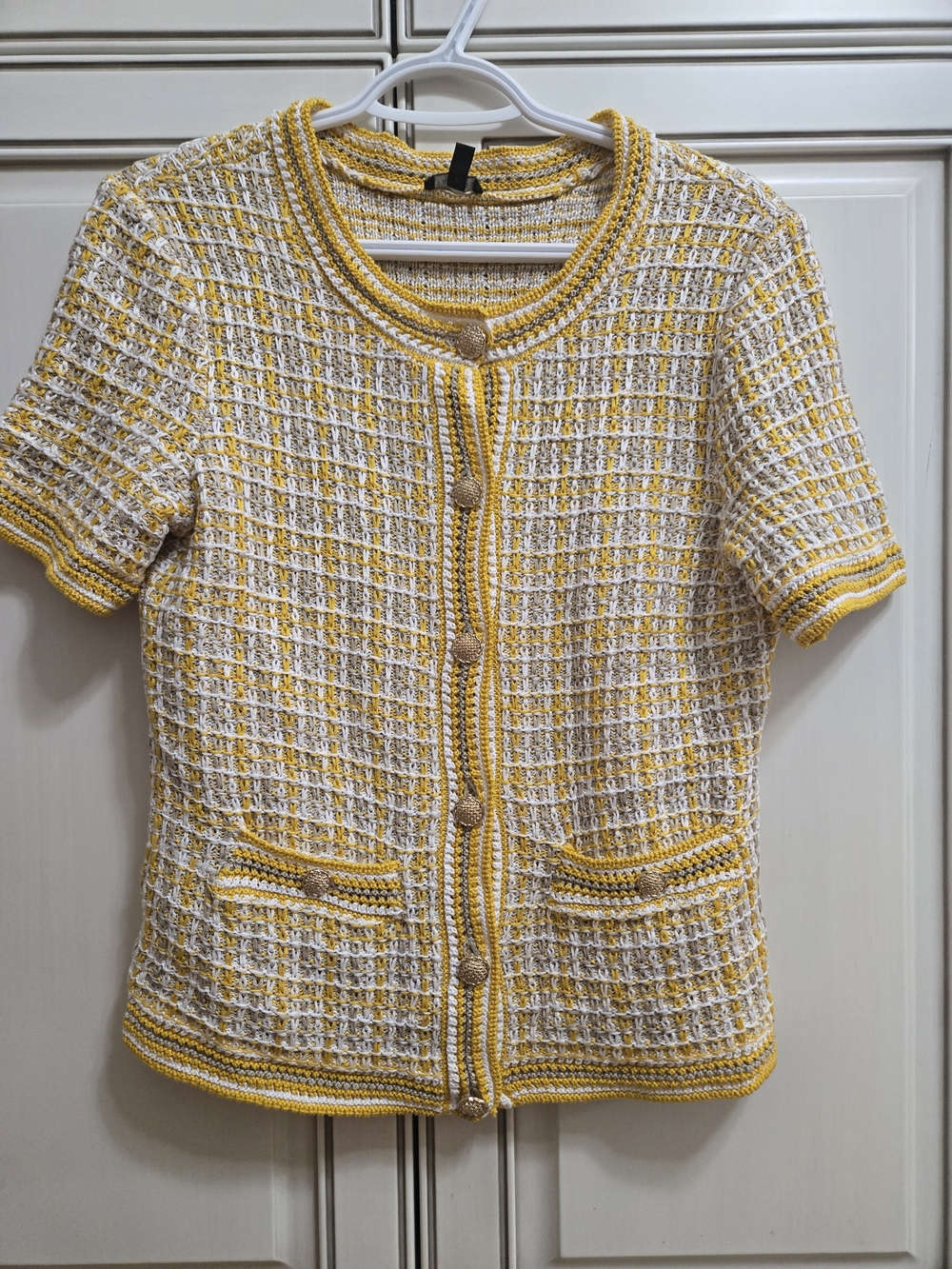 Talbot Vintage Yellow & White Tweed Short-Sleeve Cardigan Sweater